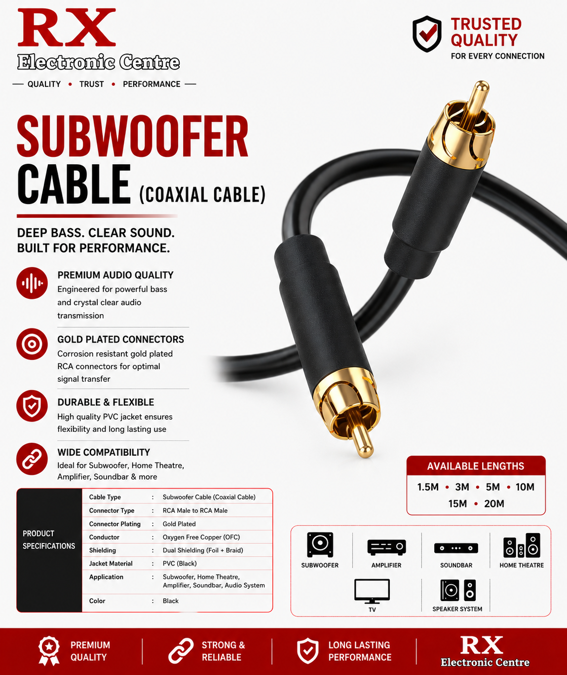 RX Electronic Centre Premium Subwoofer Cable (Coaxial Cable)