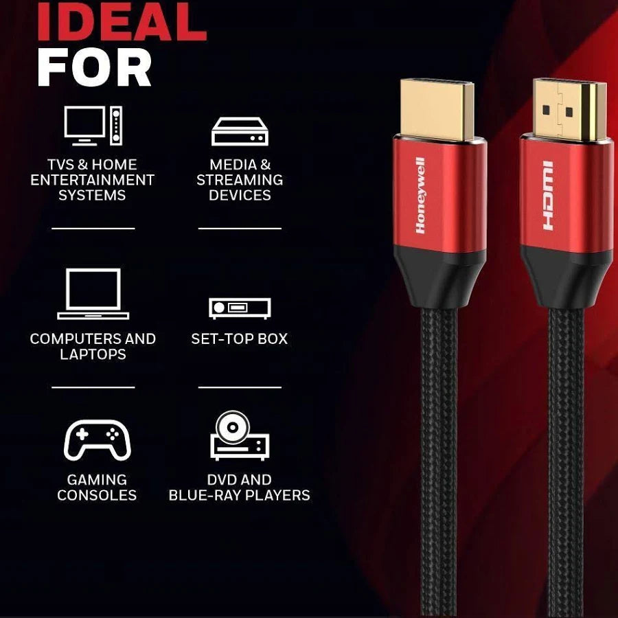 Honeywell HDMI Cable 2.1 with Ethernet, 8k@60Hz, 4k@120Hz UHD Resolution, 1 Mtr(3.3ft), 48 GBPS Transmission Ultra High Speed, Dolby DTS, eARC, 3D,Male-to-Male,Compatible with all HDMI-Enabled Devices